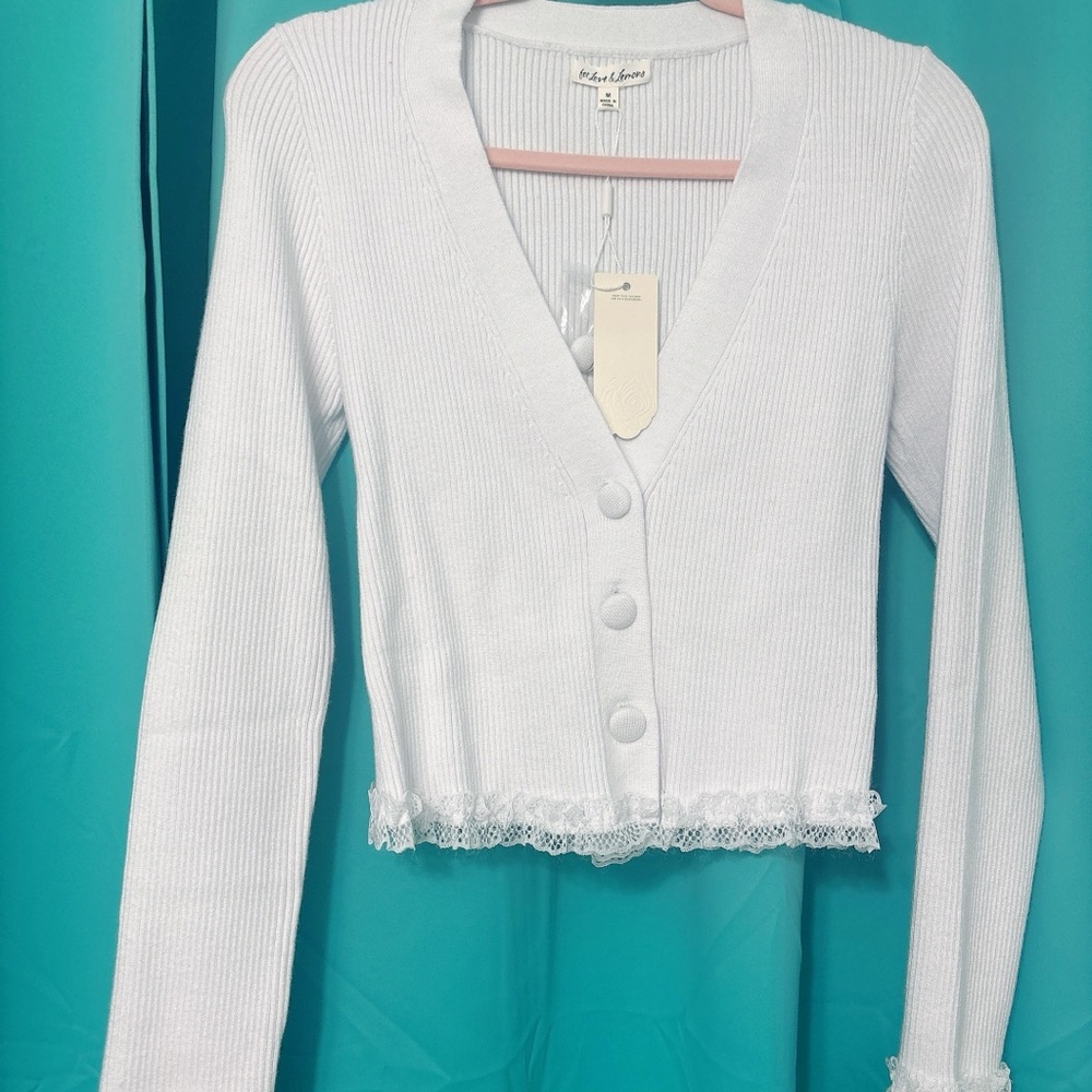 For Love & Lemons White Ribbed V‑Neck Cardigan with Lace Trim NWT